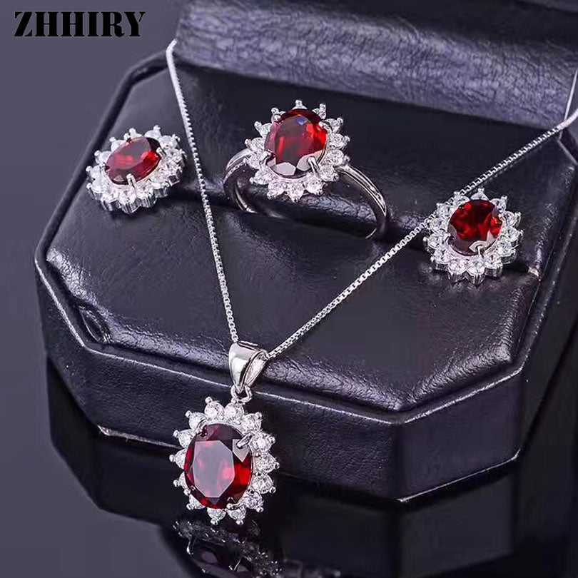 Women Jewelry Sets Natural Garnet Gemstone Genuine 925 Sterling Silver Set Ring Earring Pendant Chain Fine Jewelry