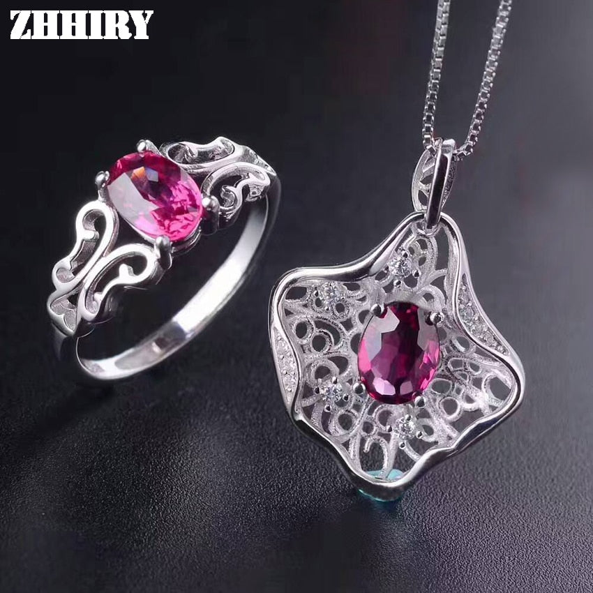 Women Jewelry Sets Natural Pyrope Garnet Gem Stone Genuine 925 Sterling Silver Ring Earring Pendant Chain Fine Jewelry
