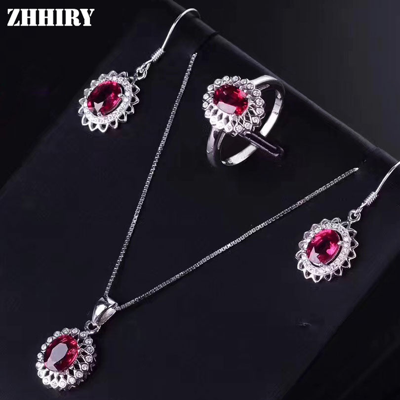 Women Jewelry Sets Natural Pyrope Garnet Gemstone Genuine 925 Sterling Silver Set Ring Earring Pendant Chain Fine Jewelry