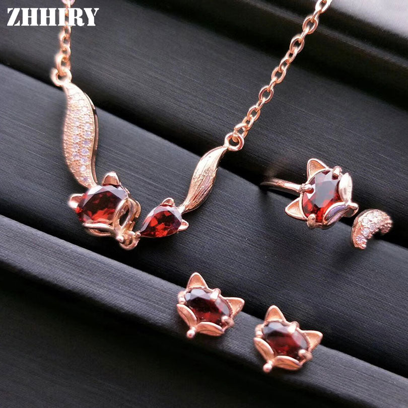 Women Natural Garnet Gemstone Jewelry Sets Genuine 925 Sterling Silver Set Fox Ring Earring Pendant Necklace Fine Jewelry