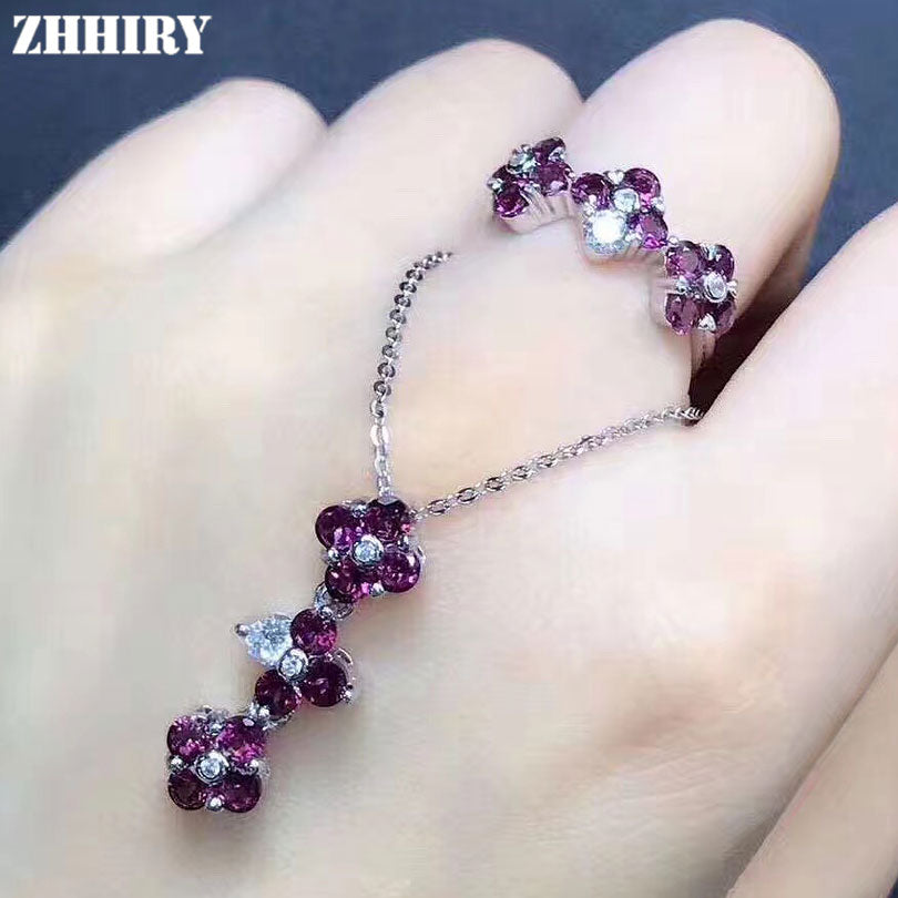 Women Pyrope Jewelry Sets Purple Garnet Genuine 925 Sterling Silver Ring Necklace Pendant Chain Set Gemstone Fine Jewelry