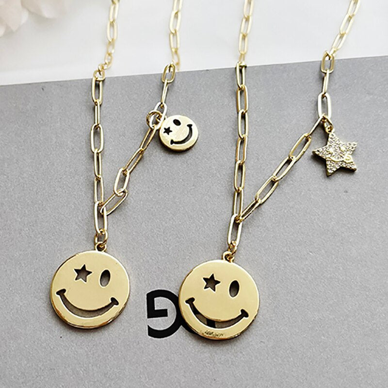ZHINI Female's Smiley Face Choker Necklaces Boho Gold Color Star Party Pendant Necklace Rhinestone Handmade Jewelry 2021