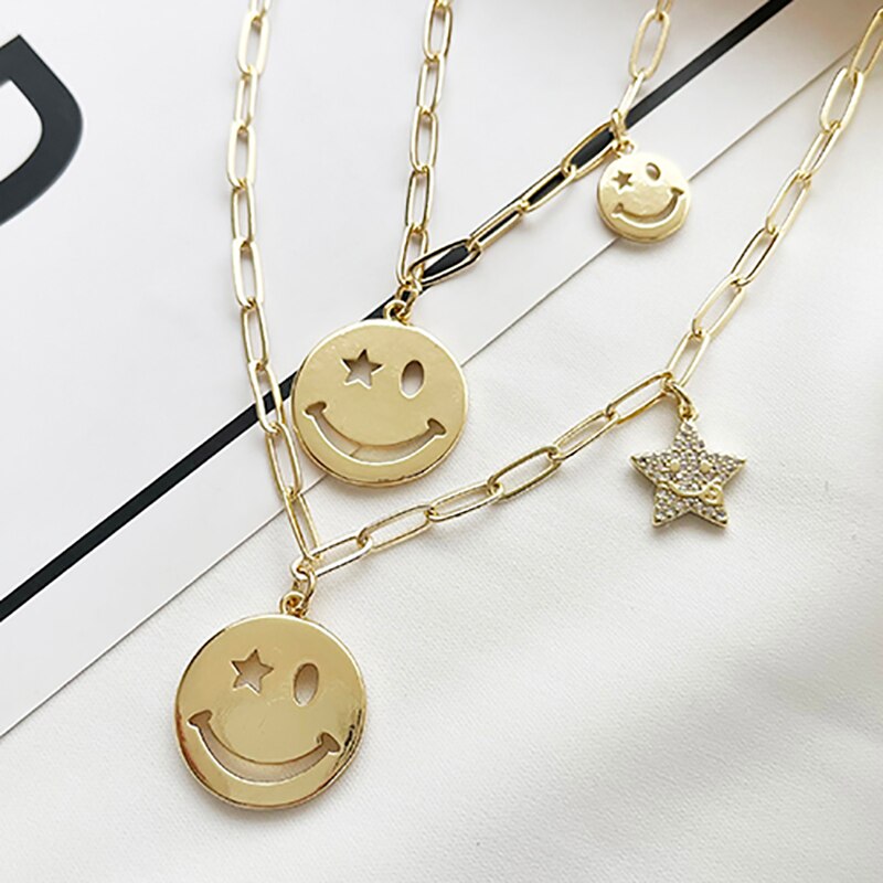 ZHINI Female's Smiley Face Choker Necklaces Boho Gold Color Star Party Pendant Necklace Rhinestone Handmade Jewelry 2021