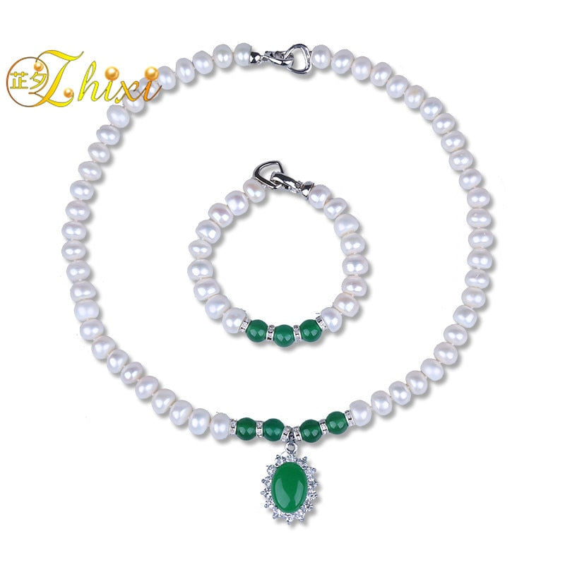 ZHIX Pearl Jewelry Sets Cultured Pearl Necklace Bracelet 9-10mm Natural Stone Choker With Green Jade For Women T222