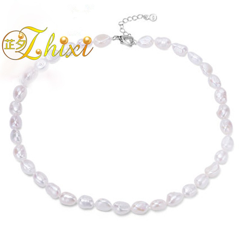 [ZHIXI] Baroque Pearl Necklaces Fine Pearl Jewelry Natural Chokers Necklace Women 9-10mm F003
