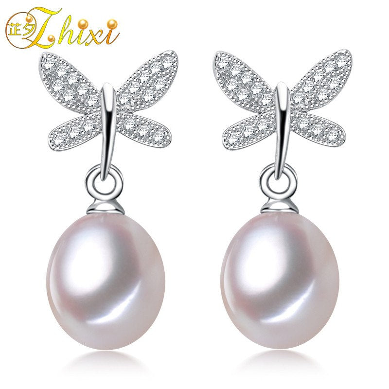 Genuine Natural Pearl Earrings Pearl Jewelry Fresh Water Drop Pearl Earrings For Women Trendy Butterfly E206