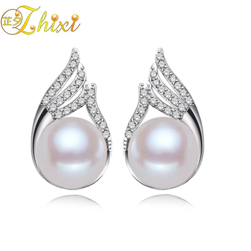 [ZHIXI] Pearl Earrings For Women Fine Jewelry Genuine Pearl Stud Earrings 9-10mm New Trendy With Gift Box E1059