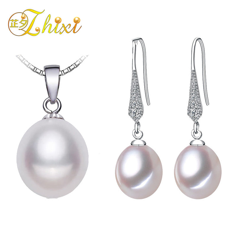 Pearl Jewelry Set 925 Sterling Silver Jewelry For Women Real White Pearl Pendant Necklace & Earrings ST301