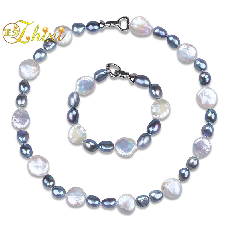 Pearl Jewelry Set Baroque Pearl Choker Necklace Bracelets Women9-10MM Black Stone Beads Fashion Gift For Birthd T211