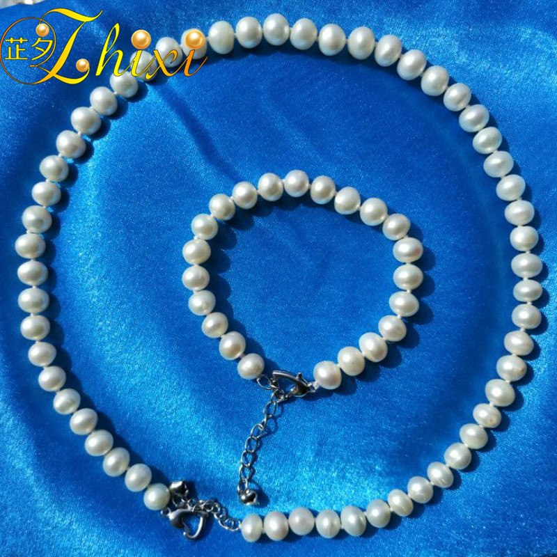 [ZHIXI] Pearl Jewelry Set Fine Jewelry Natural Pearl Choker Necklaces Bracelet 8-9MM Near Round Anniversary Gift ST02