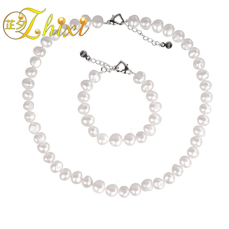 [ZHIXI] Pearl Jewelry Set Natural Pearl Necklace Choker Necklace Bracelet Genuine White Fine Jewelry For Women st23
