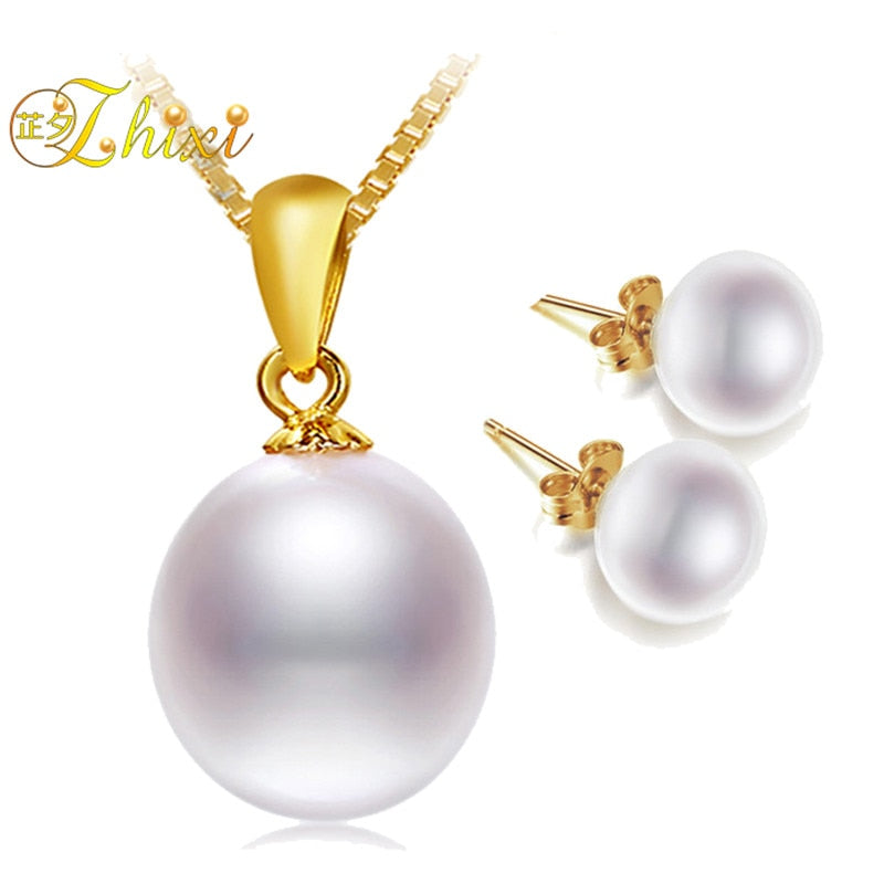 Pearl Jewelry Set Real 18K Gold Earrings Pendant Round Natural Pearl Pendants Wedding Gift With Box [T223]
