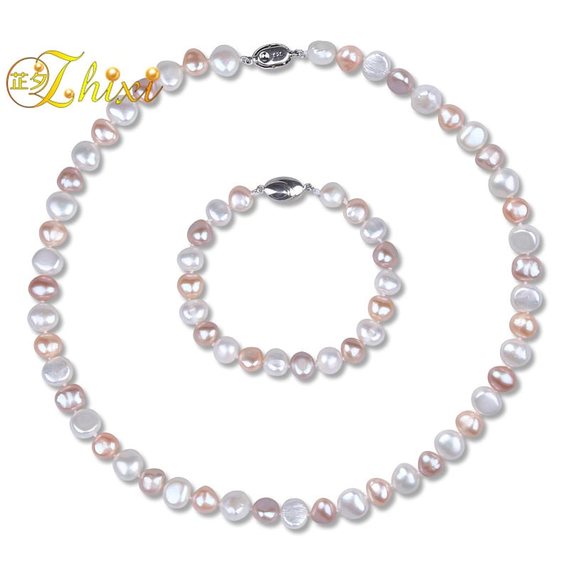 Pearl Jewelry Set Real Natural Baroque Pearl Necklace Bracelet 8-9mm Women Fashion New Anniversary Gift T212