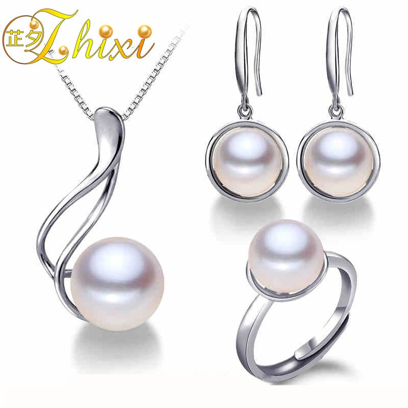 Pearl Jewelry Sets For Women Fine Jewelry Natural Pearl Pendant Earrings Ring 9-10mm Trendy Wedding Gift JFY01