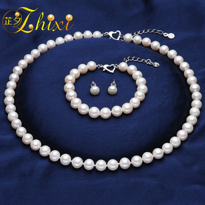 Pearl Jewelry Sets For Women Fine Jewelry Natural Pearl Choker Necklace Bracelet Earrings 8-9mm Near Round Trendy GiftT023