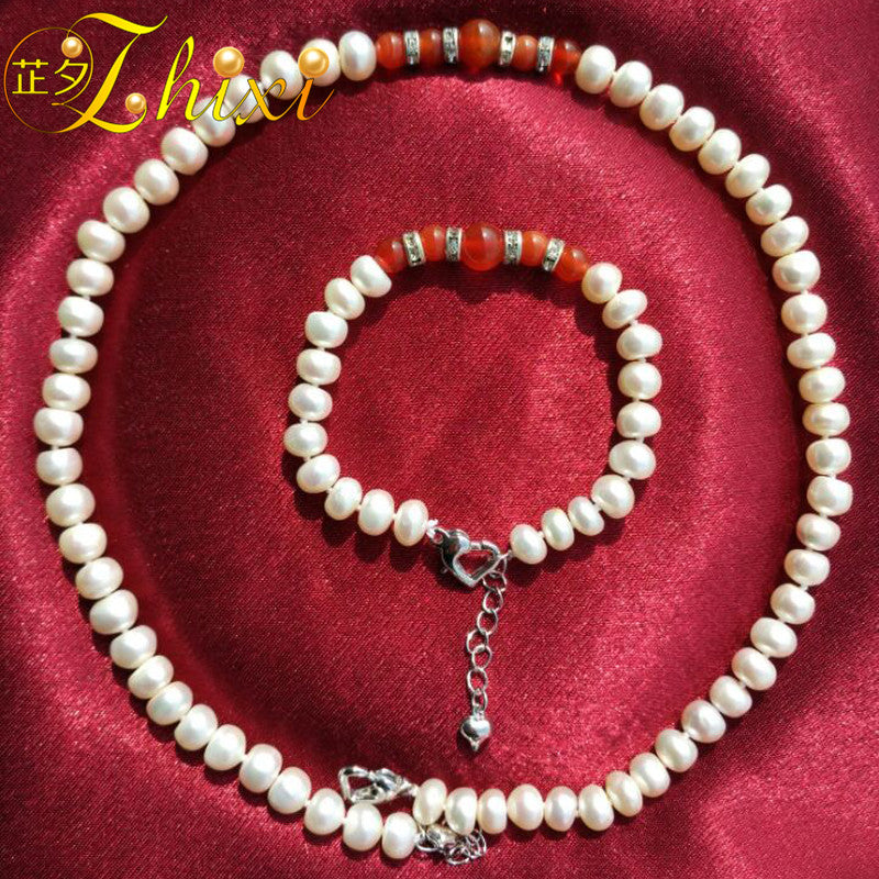 [ZHIXI] Pearl Jewelry Sets For Women Fine Jewelry White Real Pearl Choker Necklace Bracelet 8-9MM Red Agate Classic Gift ST03
