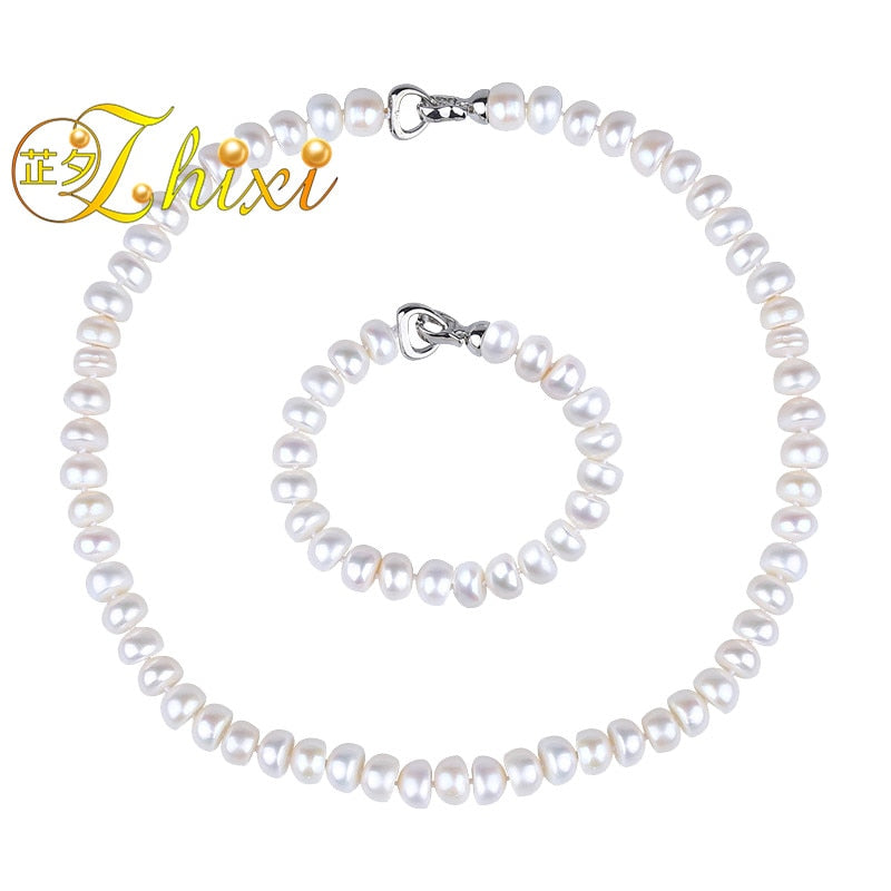 Pearl Jewelry Sets For Women Natural 9-10mm Pearl Necklace Bracelet White Stone Beads Anniversary Gift T205