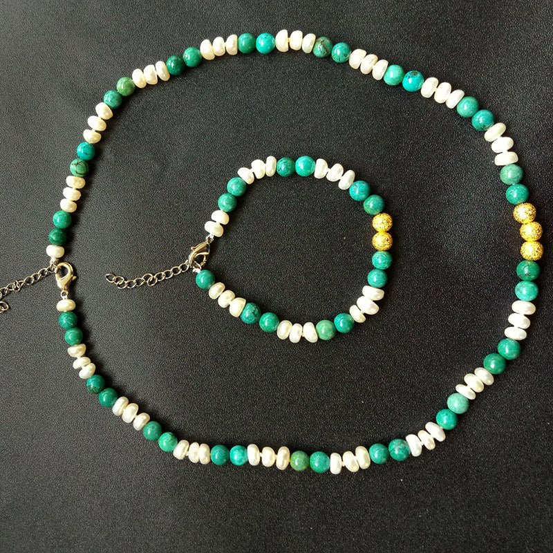 Pearl Jewelry Sets for Women White Natural Necklace Bracelet Jewelry Green Turquoise Stone Beads Anniversary Gift tzz205