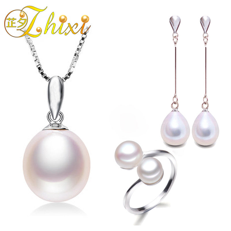 Wedding Jewelry Set Natural Pearl Necklace Pendant Earring Ring 8-9mm Trendy Fine Jewelry For Bride Gift TC1032