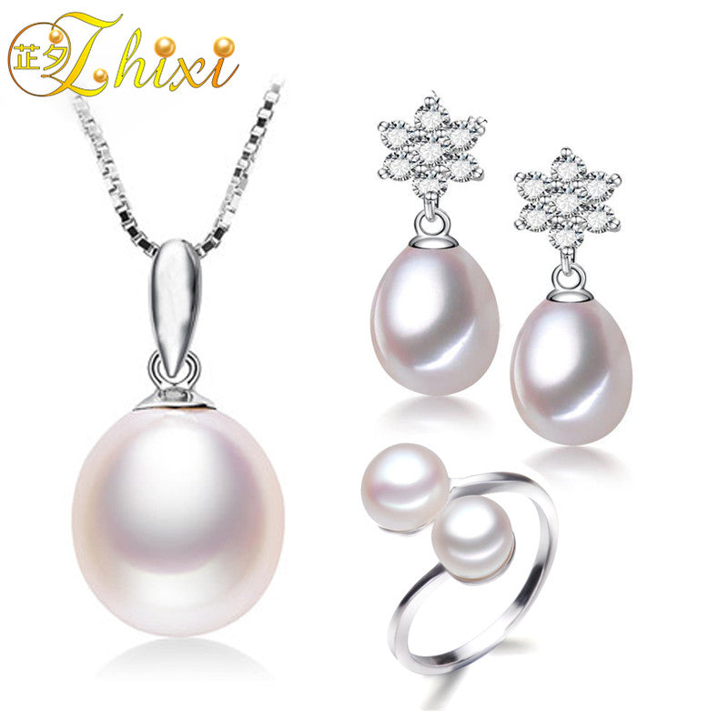 Wedding Pearl Jewelry Set Fine Jewelry 8-9mm Real Pearl Necklace Pendant Earrings Ring Trendy Gift For Party S1