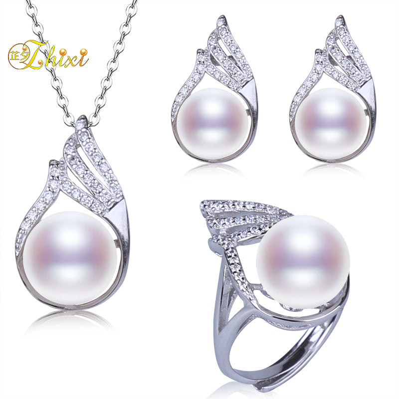 Wedding Pearl Jewelry Set Genuine Natural Pearl Necklace Pendant Earrings Rings Trendy Party Gift for Girl With Box T220