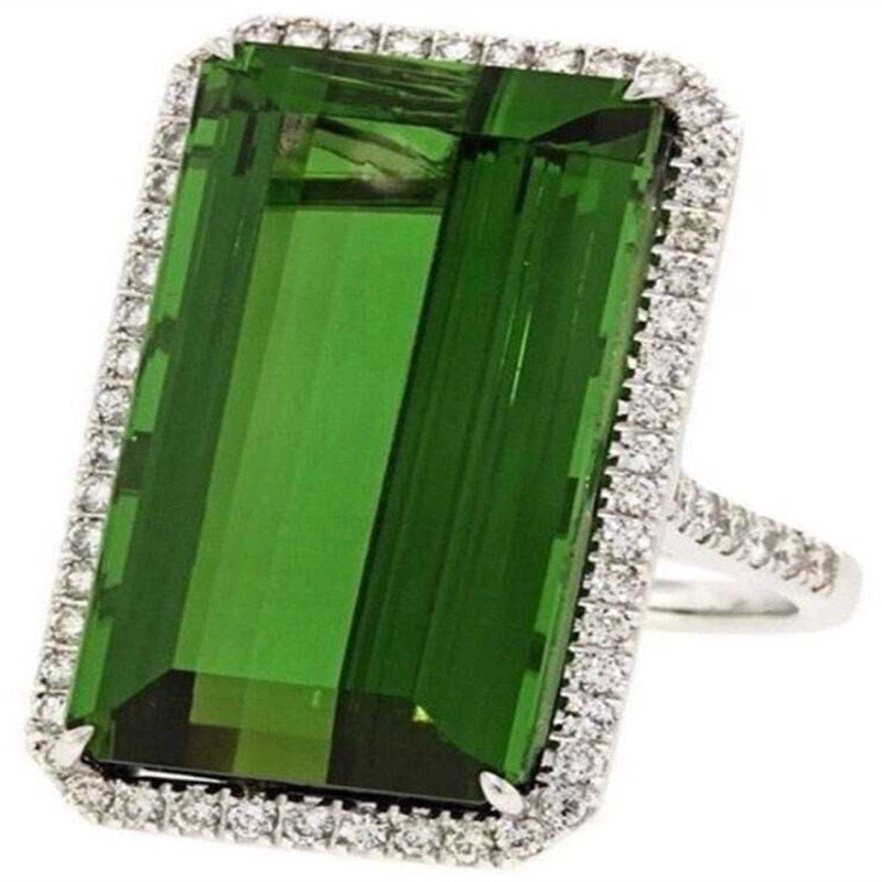 Classic Princess Cut Green Stone Bright Silver Rings Bague for Women Gril Anniversary Party Gifts Jewelry Vintage Anillos
