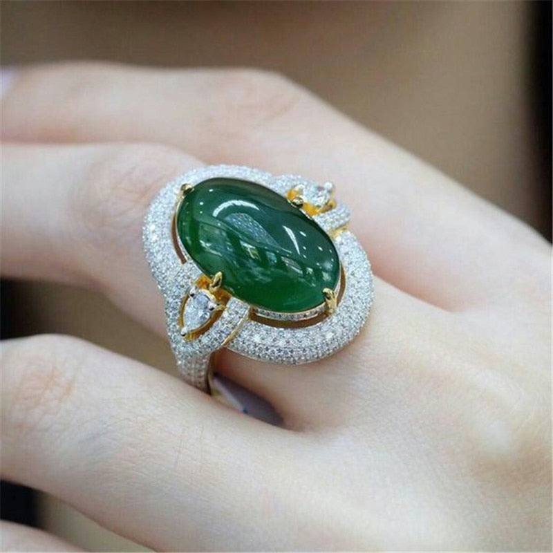 Luxury Dark Green Stone Silver Gold Crystal Ring Girl Anniversary Holid Jewelry Ring