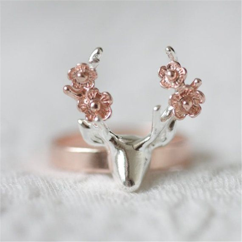 Vintage Rose Gold Silver Color Sika deer Floral Rings Bague for Women Girl Birthd Party Gifts Holid Jewelry Anillos