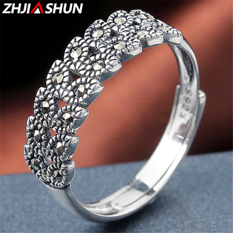 100% 925 Silver Rings for Women Ladies Luxury Marcasite Stone Rings S925 Sterling Silver Jewelry Accessories