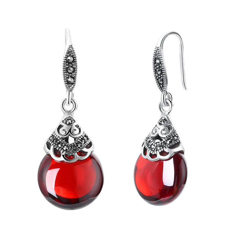 100% 925 Sterling Silver Ruby Drop Earrings for Women Vintage Round Red Stone Earrings Thai Silver Jewelry