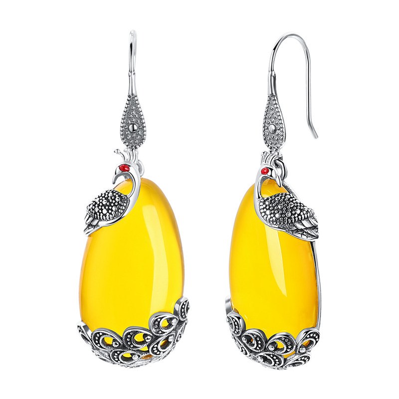 925 Silver Agate Earrings for Women Yellow Stone Drop Earrings Peacock Bird Shape Sterling Silver Fine Jewelry