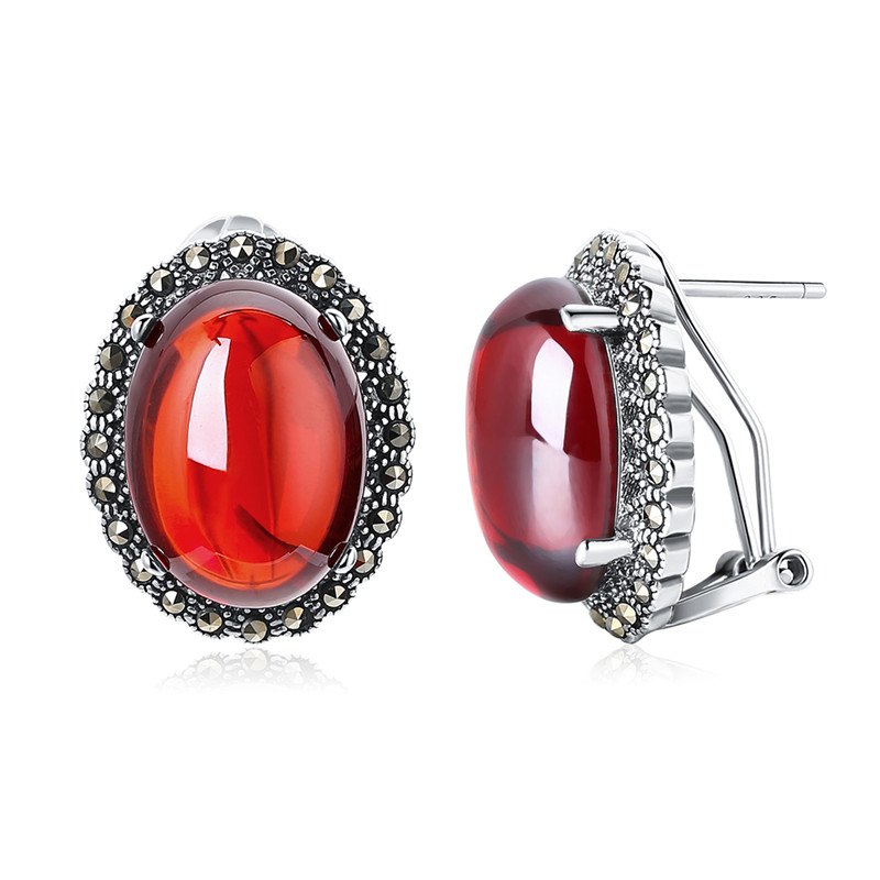 925 Silver Gemstone Garnet Clip Earrings Natural Chalcedony Stone Sterling Silver Jewelry for Women Birthd Gift