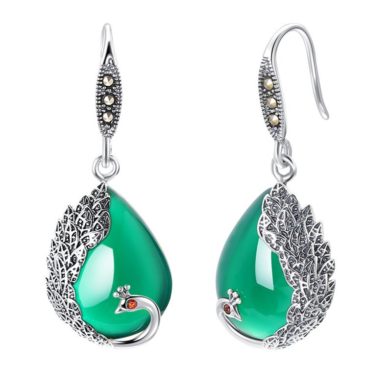 925 Sterling Silver Green Chalcedony Natural Stone Earrings Peacock Shape Bohemian Indian Jewelry For Women