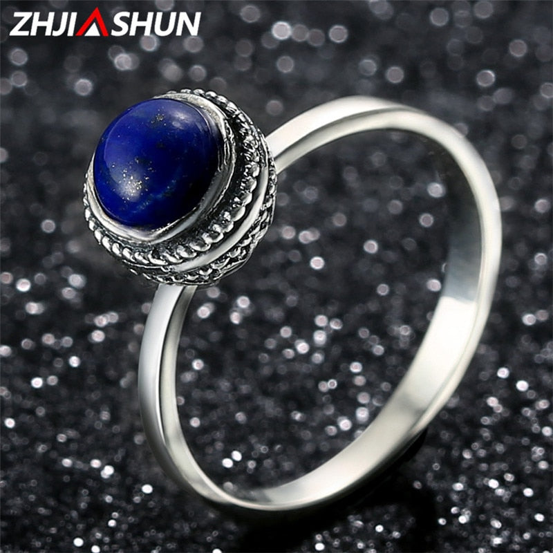 925 Sterling Silver Natural Stone Lapis Lazuli Rings for Women Thai Silver Flower Wedding Bands Engagement Jewelry