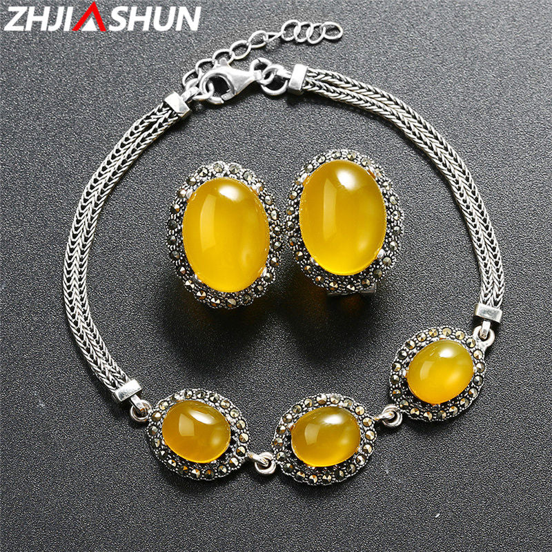 Chalcedony 925 Silver Earrings Bracelet Jewelry Sets Ro Yellow Stone Bracelets for Women Wedding Party Gift