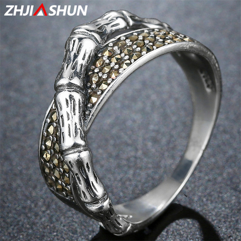 Fashion Marcasite Ring 925 Sterling Silver Rings for Women Ladies Bamboo Shape Vintage Thai Silver Jewelry