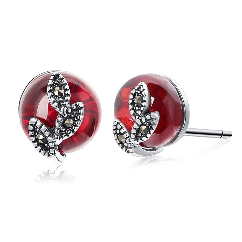 Garnet 100% 925 Silver Leaves Stud Earrings for Women Thai Silver Jewelry Romantic Birthd Wedding Gift