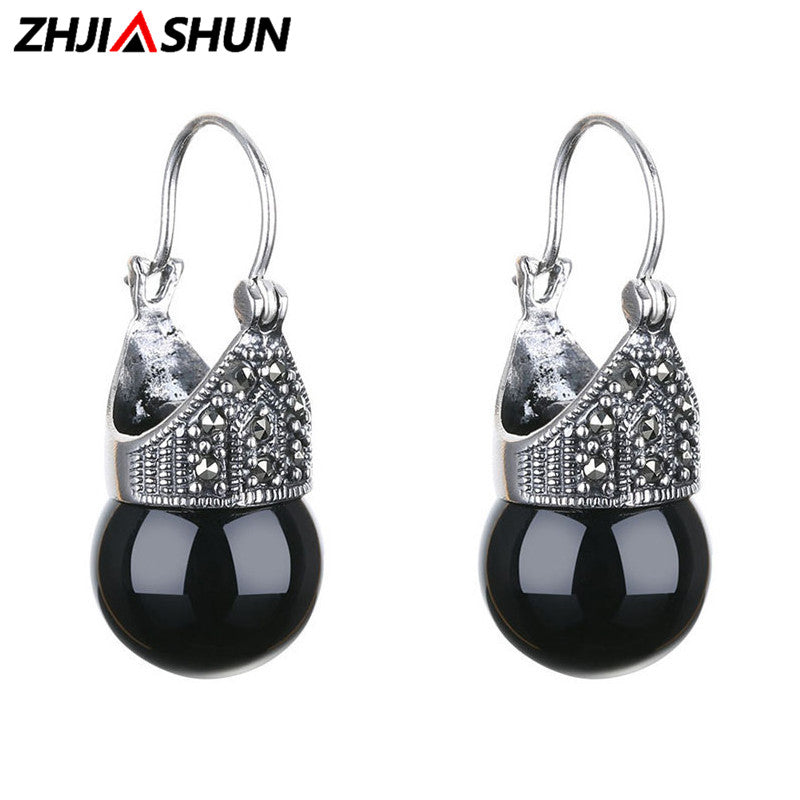 Green Black Agate Earrings 925 Sterling Silver Drop Earrings for Women Lady Vintage Jewelry Best Gifts