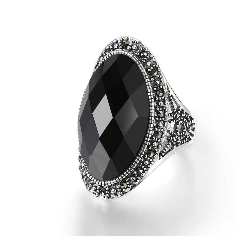 Natural Chalcedony Black Stone Ring Adjustable 925 Sterling Silver Rings for Women Cutting Surface Design Jewelry