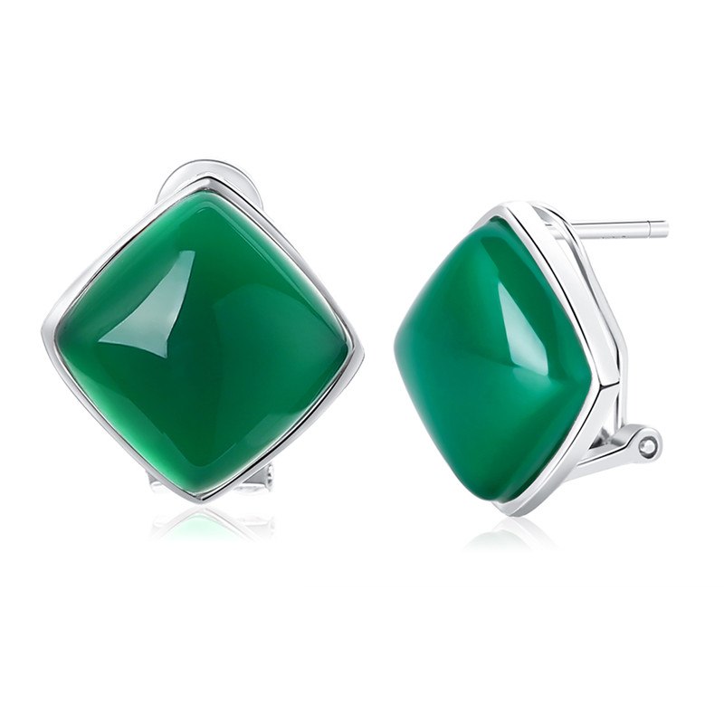 Natural Chalcedony Green Stone Earrings with Clip 925 Sterling Silver Jewelry for Women Best Gift