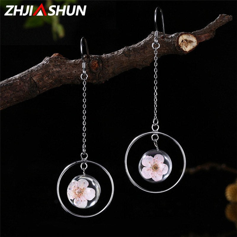 Personality 925 Sterling Silver Jewelry Flower Earrings for Women Ladies Romantic Long Drop Earrings Christmas Gifts