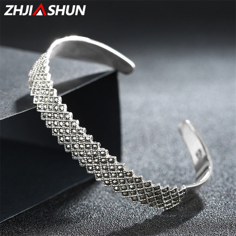 Retro 925 Silver Bangles for Women Cuff Bracelets Vintage 925 Sterling Silver Marcasite Jewelry