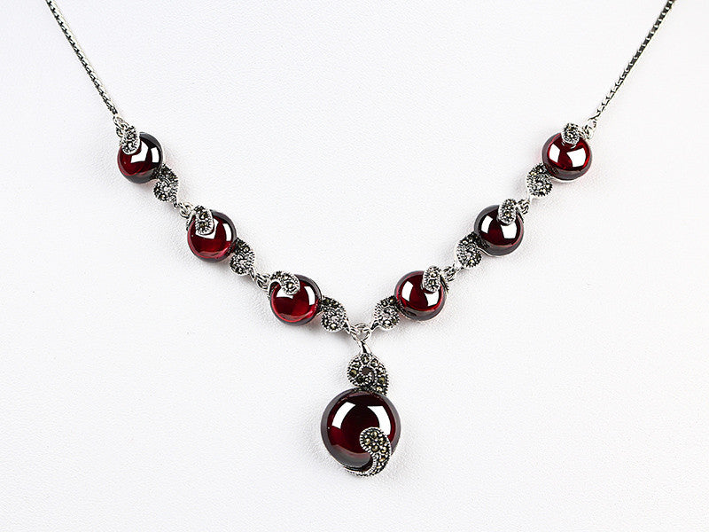 Retro 925 Sterling Silver Red Agate Necklace Pendant for Women Thai Silver Chains Wedding Party Fine Jewelry