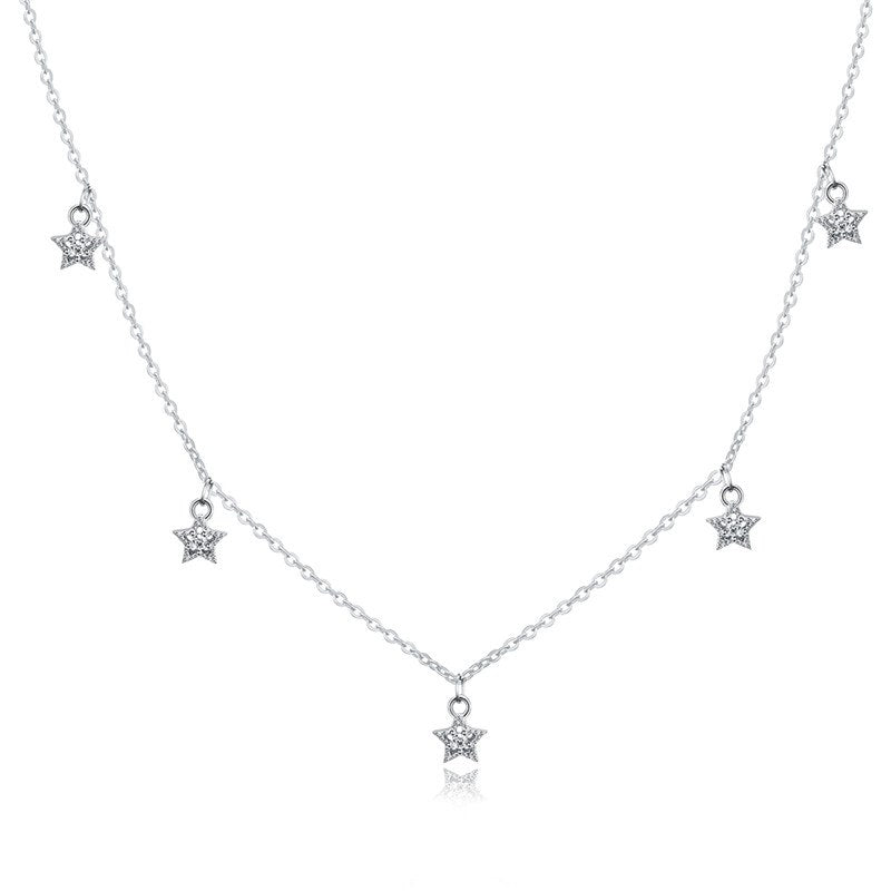 Solid 925 Sterling Silver Chains Necklaces for Women 40cm Clear Zircon Star Necklace Female Jewelry Best Gift