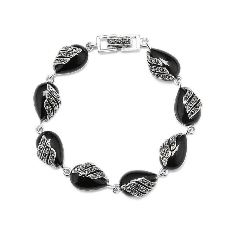 Thai Silver Black Stone Sapphire Bracelets for Women 925 Sterling Silver Link Bracelet Fine Jewelry