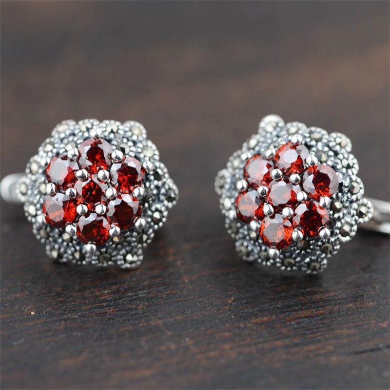 Thai Silver Garnet Earrings for Women Lady 925 Sterling Silver Earrings Femme Luxury Jewelry Birthd Gift