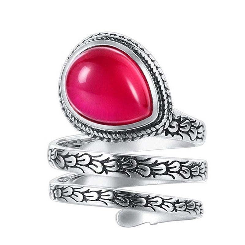Thai Silver Pink Stone Rose Quartz Rings 925 Sterling Silver Finger Ring for Women Water Drop Shape Fine Jewelry
