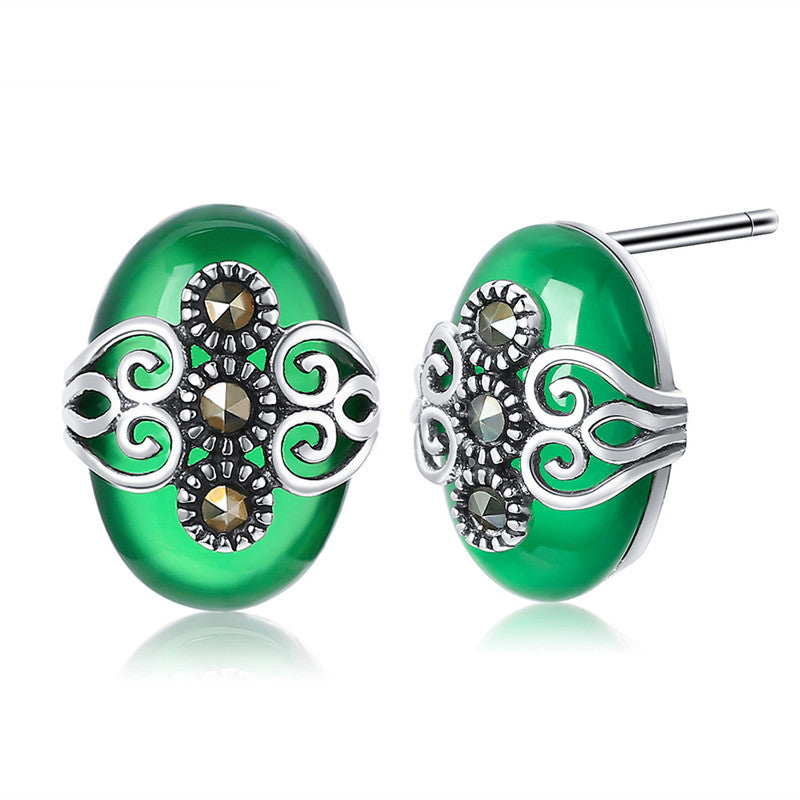 Vintage 925 Sterling Silver Earrings for Women Natural Chalcedony Marcasite Stone Stud Earrings Fine Jewelry