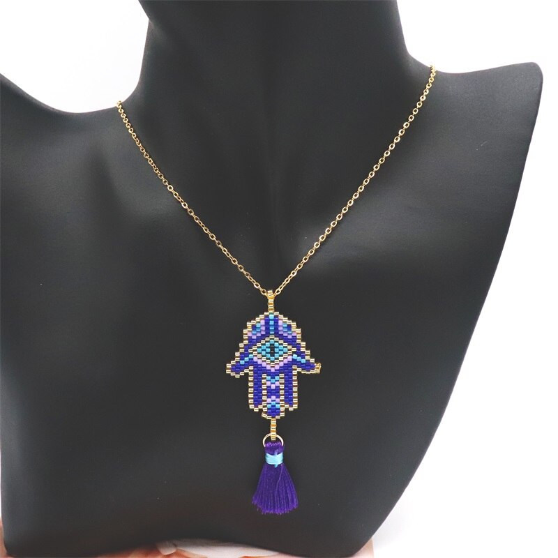 ZHONGVI Miyuki Gold Chain Evil Eye Necklaces Jewelry Delica Beads Fatima Hamsa Hand Women Tassel Handmade Jewellery Gift