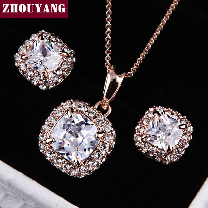 Top Quality ZYS008 Rose Gold Color Elegant Wedding Jewelry Necklace Earrings Set Made with Austrian Crystals
